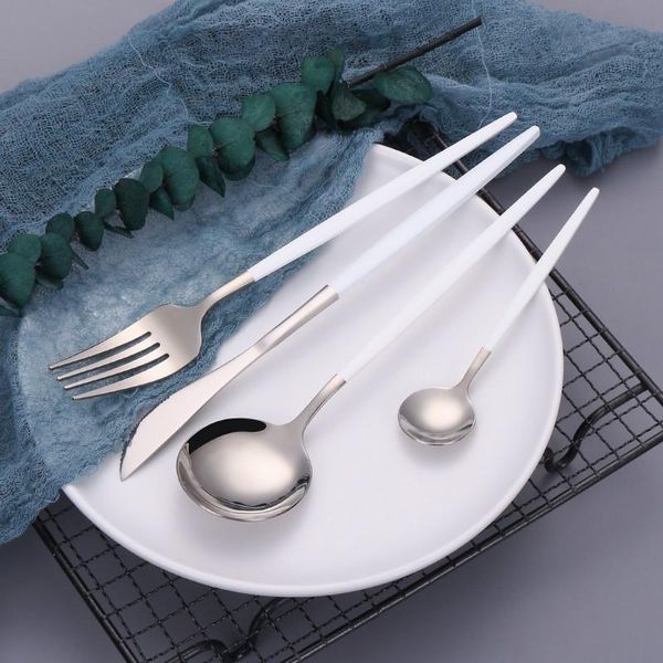

dinnerware sets set travel stainless steel cutlery white silver tableware for restaurant knife foek spoon chopsticks drop