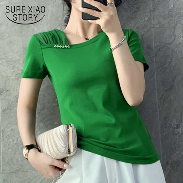 Primavera moda t-shirt mulheres manga curta fora-ombro malha costurando slim camisa de fundo de verão 9896 210527