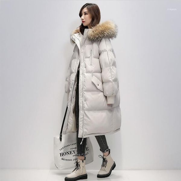 

winter women's coat 2021 jacket long slim thickening warm big fur collar pakra female black1, Black