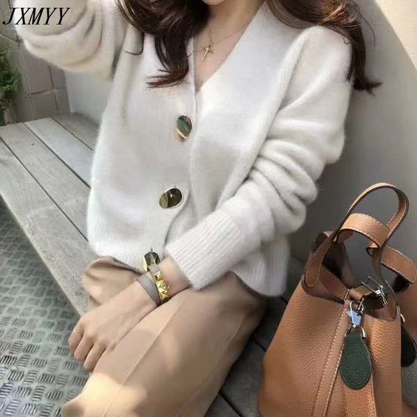 

winter korea knitted sweater women cardigans mohair thicken jacket long sleeve single button jumper 210412, White;black