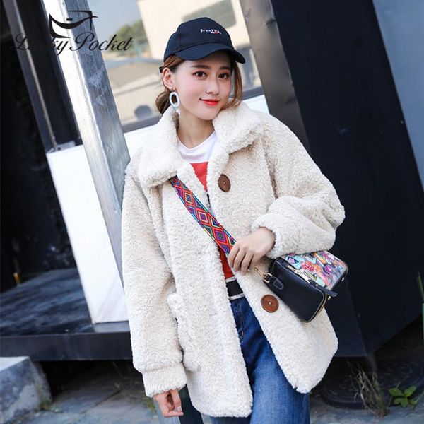 

women's fur & faux women winter solid color short thick lapel coat ladies fashion big pocket apricot plus size keep warm parkas outerwe, Black