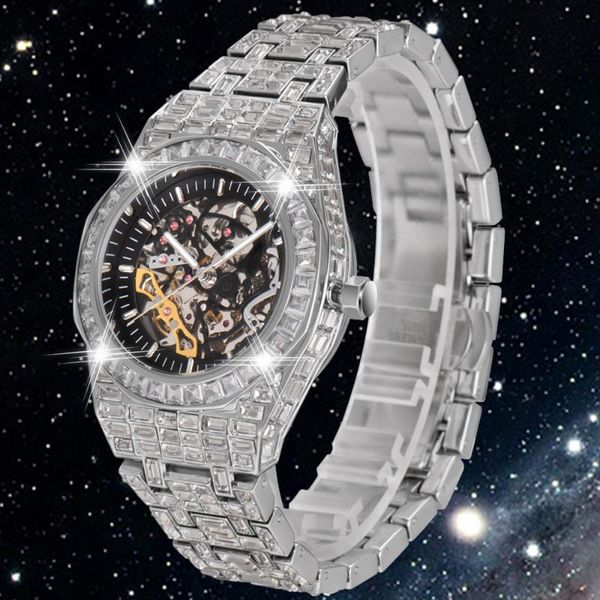 

wristwatches cz men skeleton mechanical wristwatch tourbillon automatic watch man iced out diamond mens watches waterproof reloj hombre, Slivery;brown