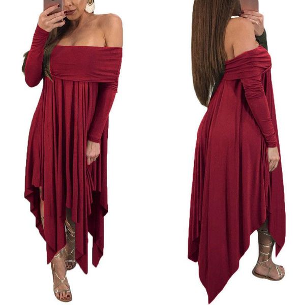 

casual dresses fashion women ladies long sleeve off shoulder dress evening party wedding red green black, Black;gray