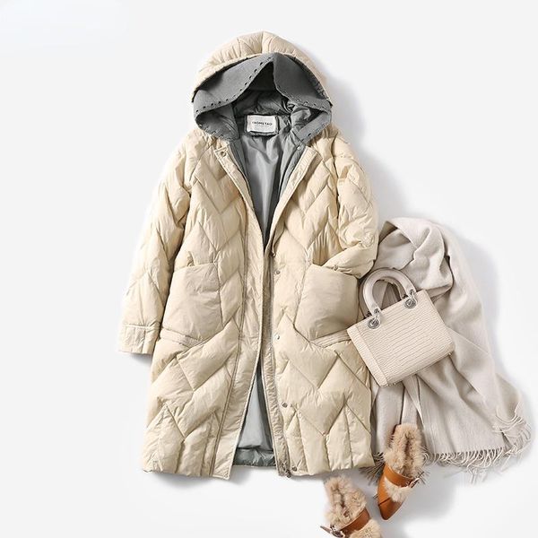 

women's down & parkas winter 90% white duck long coat knitting splicing hooded warm jacket solid color puffer casual loose outwear, Black