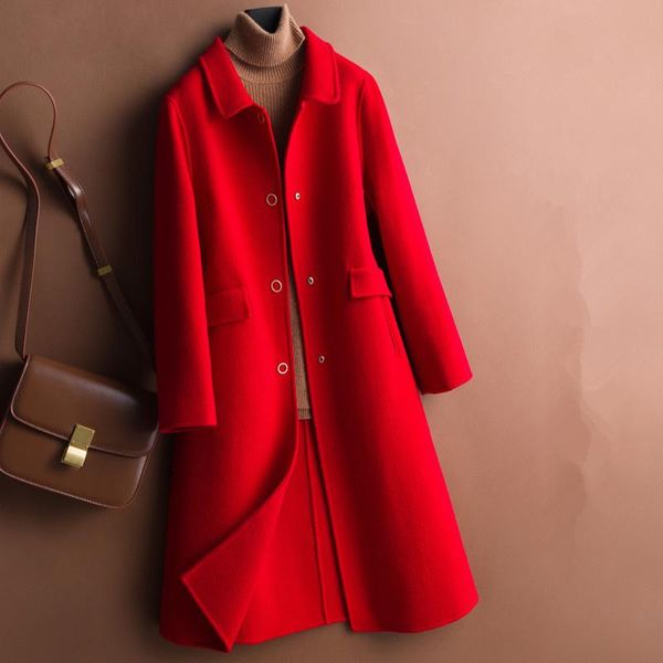 

women's wool & blends autumn winter slim long double-sided cashmere coat women pink red beige overcoat big pocket sleeve jacket female, Black