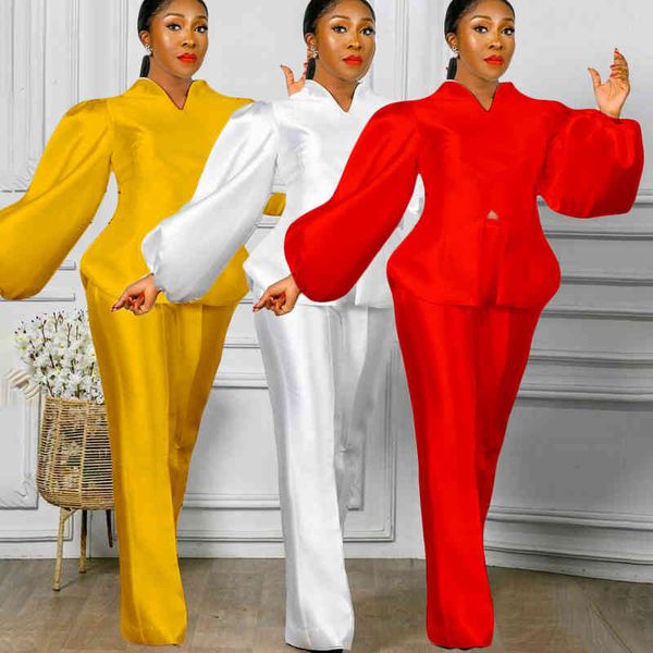 

Women's Two Piece Pants Women Pieces Set Long Lantern Sleeves Wide Leg Trousers Slim Elegant Office Ladies Autumn Fashion Yellow White
