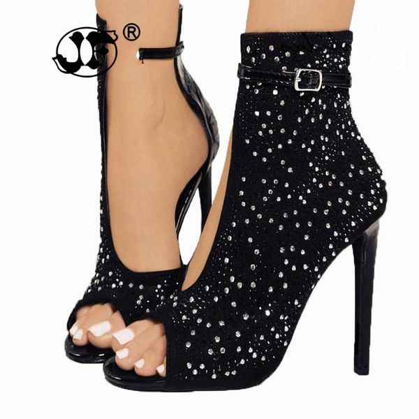 

dress shoes women pumps 2021 fashion gladiator thin heel peep toe high heels crystal rhinestone buckle strap plus size 555, Black