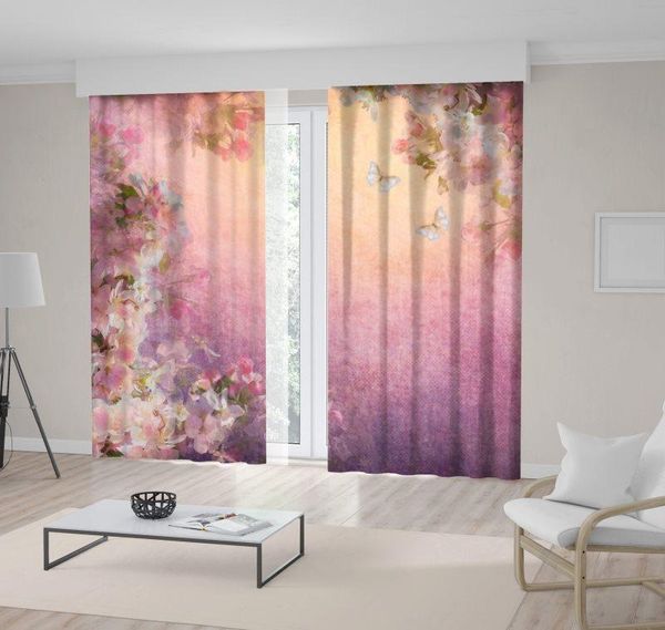 

curtain & drapes cherry blossoms butterflies romantic spring nature garden decorative floral illustration purple green