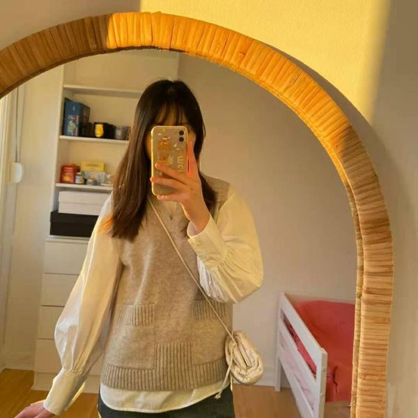 

women's sweaters 2021 autumn and winter loose versatile side pockets sleeveless gray knitted vest women, White;black