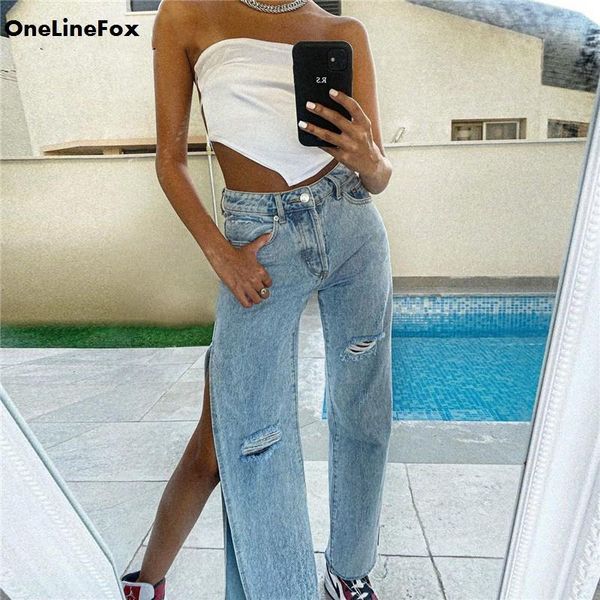 

onelinefox casual split denim pants women blue high waisted jeans long trousers fashion pocket streetwear skinny 2021 women's & capris, Black;white