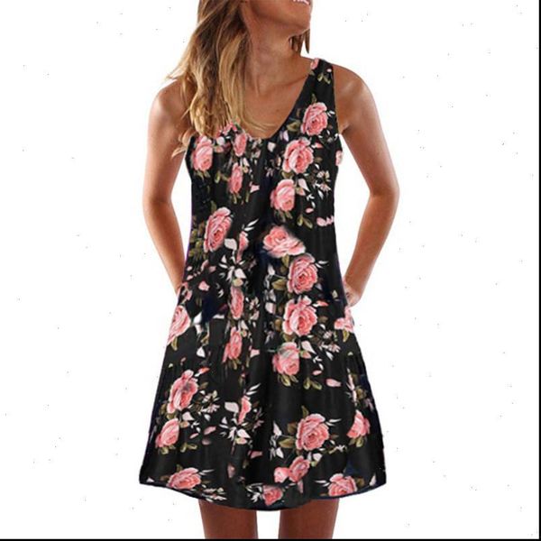 

summer plus size loose womens dress beach vintage print sleeveless v neck casual a line mini vestidos, Black;gray