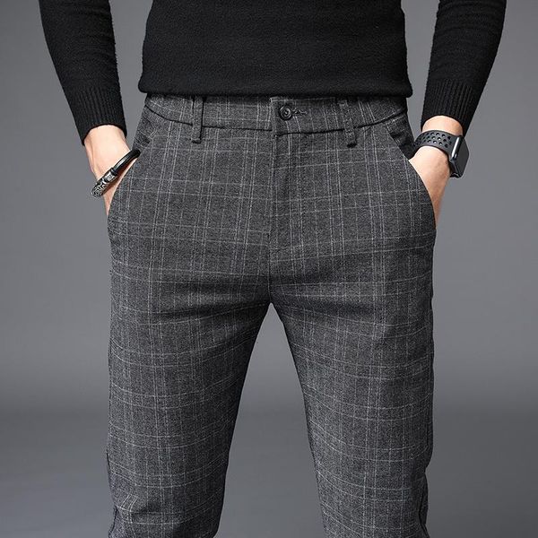 

men's fashion business plaid casual trousers with small feet gray black pants