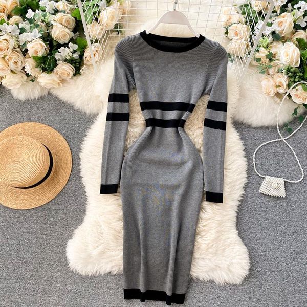

women spring autumn long sleeve high waist elastic office work pencil dresses elegant color match striped bodycon slim dress casual, Black;gray