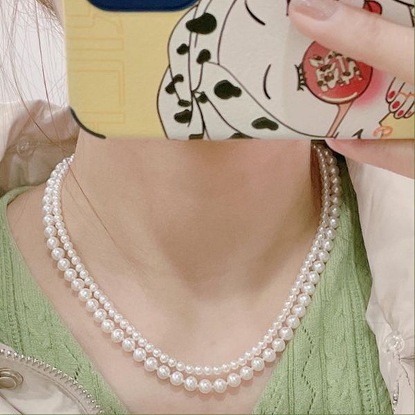 

chains aomu 1pc korea fashion elegant imitation pearl temperament double-layer beaded necklace for women girls clavicle accessories, Silver
