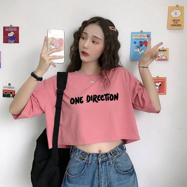 

women's t-shirt one direction crop summer short sleeve letter printed cotton tee shirt korean fashion harajuku woman y2k, White
