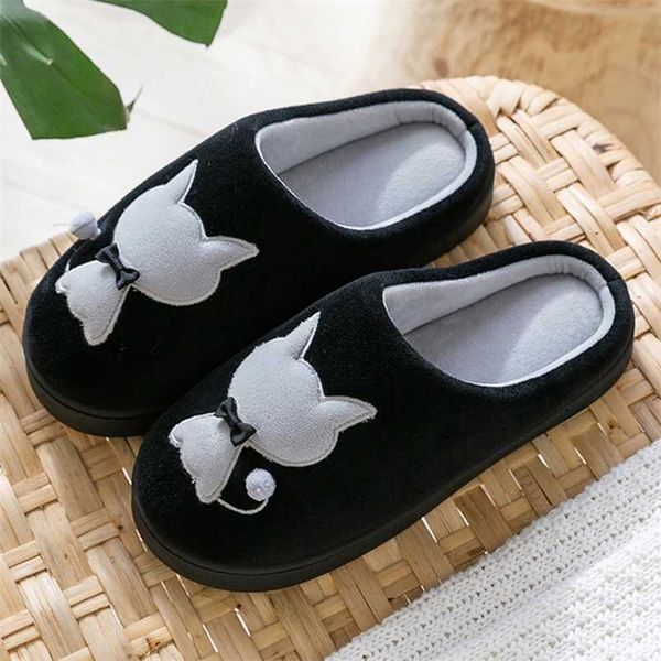 

winter warm plush women slippers cartoon cat platform shoes non-slip soft house slides couples bedroom floor flip flops 211110, Black