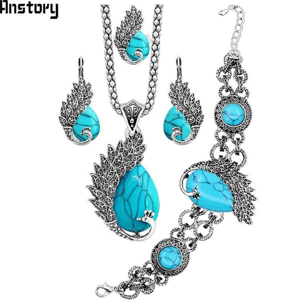 

jewelry sets vintage peacock synthetic turquoises set necklace earring bracelet ring for women antique silver plated fashion, Black