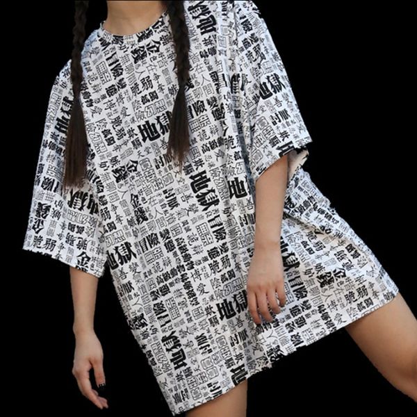 

women's t-shirt letter t-shirt for punk chinese printing boyfriend short sleeve o neck loose casual streetwear izi4, White