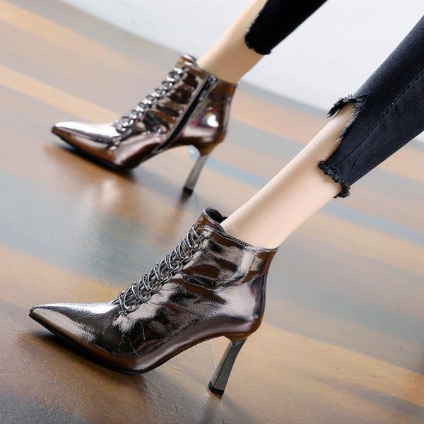 

boots heel thick sharp handsome crossing bandage winter silver patent leather high short knight, Black