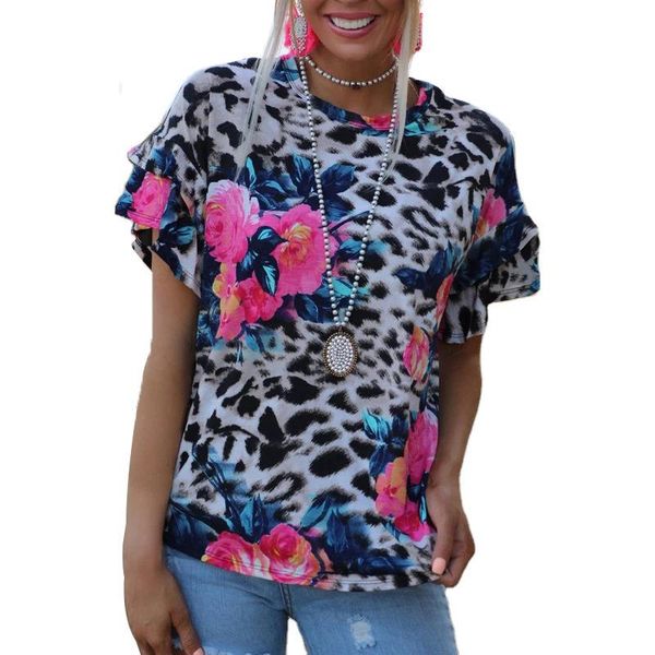 

women's t-shirt summer ruffle short sleeve t-shirts casual round neck floral printed loose tee shirt wdc6001, White