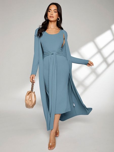 

solid rib self belted dress & coat t18p#, White