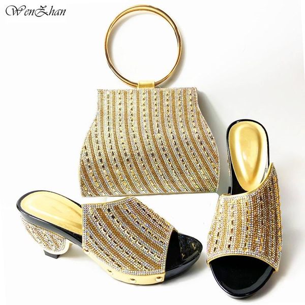 

dress shoes gold and bag set african sets 2021latest italian shoe decorated with rhinestone good quality 38-42 wenzhan 201-3, Black