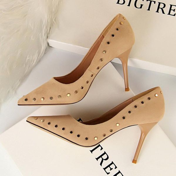 

dress shoes women solid flock high heels fashion party women's pointed toe shallow elegant metal rivets 6 colors, Black