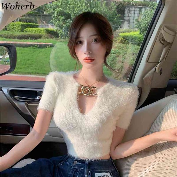 

women short slim pullover chain v-neck cropped sweater chic female korean mohair sleeve ladies jumper 210519, White;black