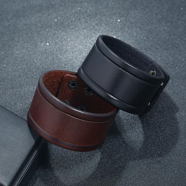 

men's bracelet punk vintage cowhide glossy wide creative charm leather for men bracelets, Golden;silver