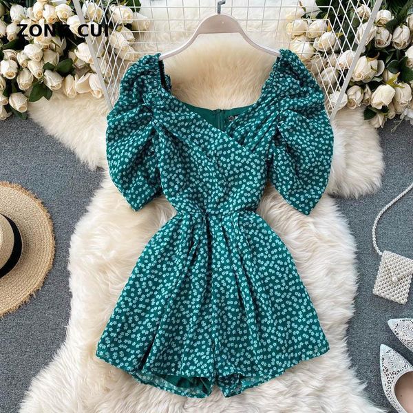 

women's jumpsuits & rompers 2021 summer holiday style printed one-piece shorts with bubble sleeve pleated v-neck slim fit short floral, Black;white