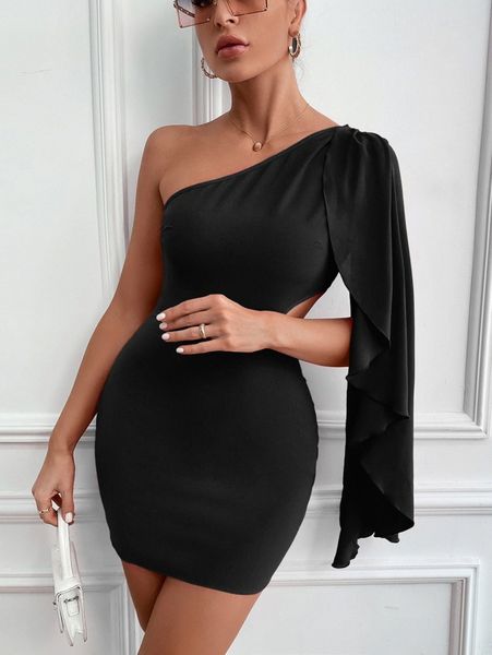 

one shoulder cut out cloak sleeve bodycon dress b7in#, Black;gray