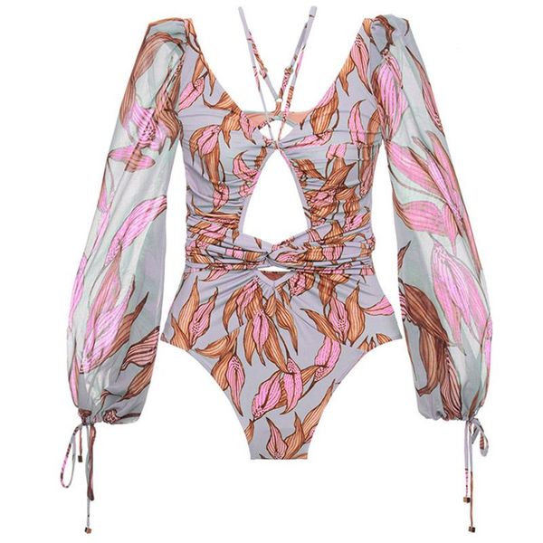 

one-piece suits nancy tino bikini set gathered printed swimsuit women long-sleeved swimwear polyester beach
