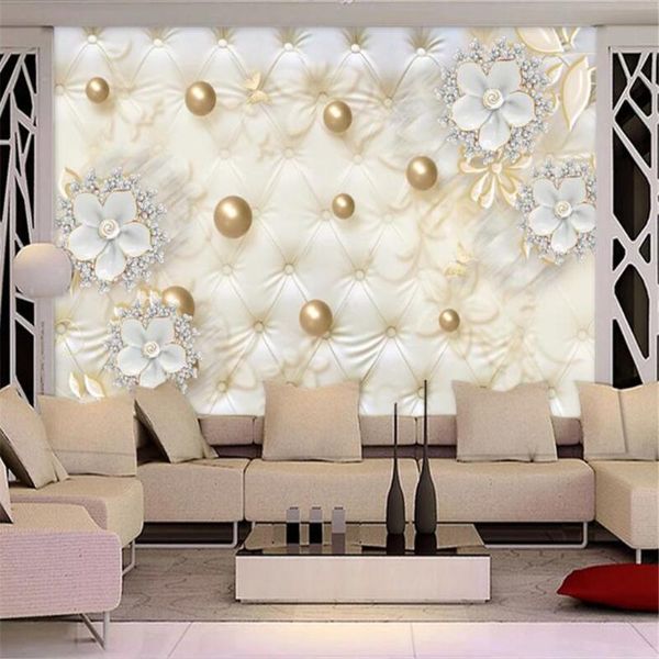 

milofi custom wall wallpaper mural european 3d luxury white flower soft bag round ball jewelry tv background wallpapers