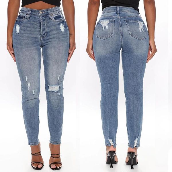 

summer mid waist ripped spandex women's jeans qtn872, Blue