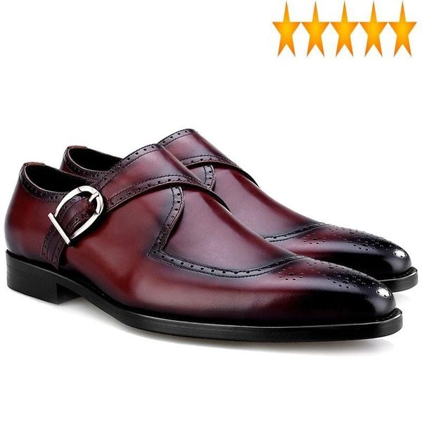

dress shoes leather british style business genuine mens office formal footwear pointed buckle strap handmade male brogue flats, Black