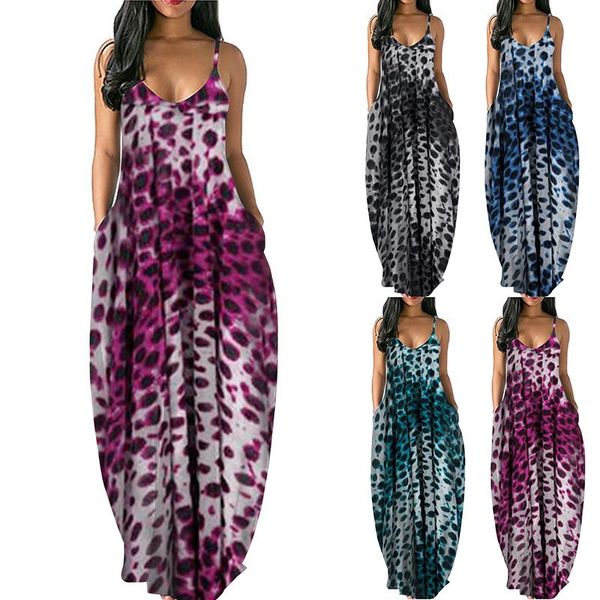 

casual dresses print sleeveless vest maxi dress women summer v neck pocket elegant beach pullover halter sling long party, Black;gray