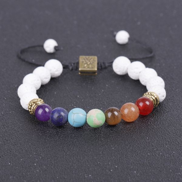 

white lava stone tree seven chakras healing beads charm woven bracelet women men energy buddha bracelets jewelry, Golden;silver