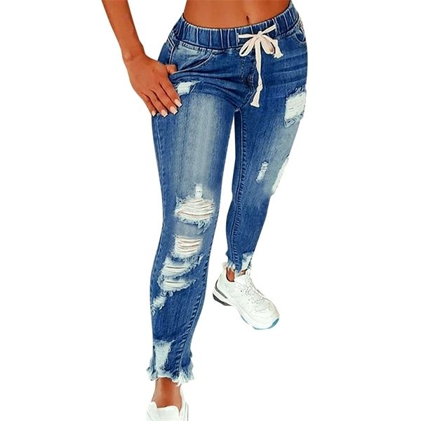 

women drawstring denim long pants ripped broken holesslim fit jeans feminino skinny pockets casual full length pencil 210924, Blue
