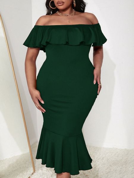 

plus ruffle trim off shoulder mermaid hem bodycon dress n4zy#, Black