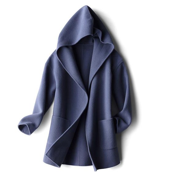 

women's wool & blends double sided cashmere coat korean loose hooded hepburn medium length heavy woolen, Black