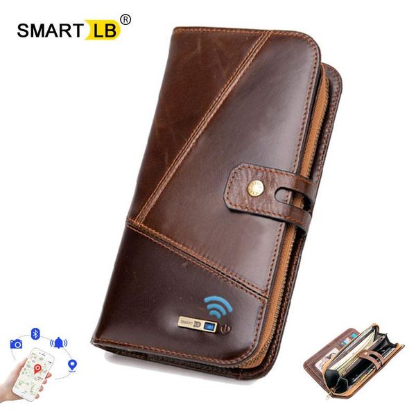 

smart bluetooth genuine leather clutch wallet zipper coin pocket long purse for men wallets card holder phone, Red;black
