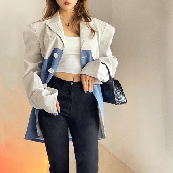 

women's suits & blazers [ewq]gray-blue contrast stitching loose casual ladies office wear single-breasted design suit 2021 autumn long, White;black