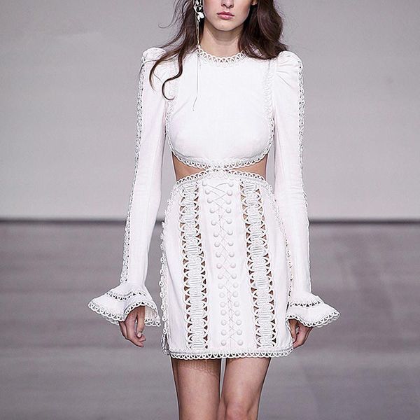

casual dresses runway lace mini dress spring women vintage embroidered hollow out flare sleeve holiday bodycon party, Black;gray