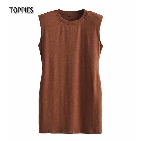 Toppies été large Pad épaule débardeur robe femme Sexy sans manches Mini robe couleur unie robe 210412