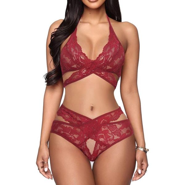 

bras sets white black babydoll ladies underwear bikini strap lace crochet cutout teddy lingerie embroidery gauze, Red;black