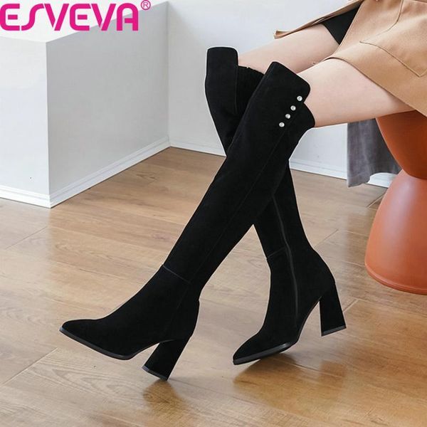

boots esveva autumn winter cow suede fashion square heel women shoes pointed toe all match zipper over the knee size 34-40 zl5u, Black