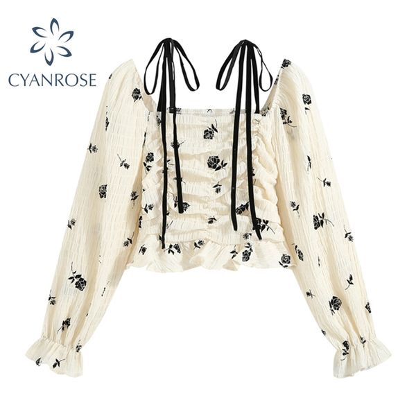 

chiffon square collar draped blouses and shirts for women stylish lantern long sleeve vintage strap lace-up korean blusas 210430, White
