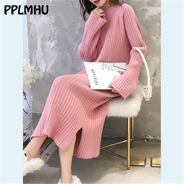 

fashion casual plus size pink o-neck loose straight knitted dress winter split warm long basic sweater 3xl 210522, Black;gray