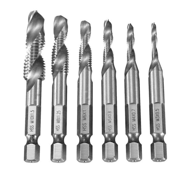 

hand tools 6pcs screw tap drill bits hss thread m3 m4 m5 m6 m8 m10 metric combination bit high speed steel 1/4 hex shank