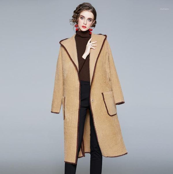

women's wool & blends 2021 hooded coat autumn winter mink velvet french light luxury goddess style long fashionable over-the-knee women, Black